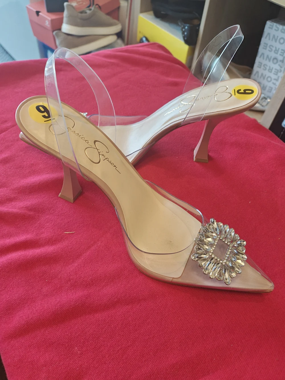 Jessica Simpson Clear PVC Slingback Heels with Crystal Brooch - Nude